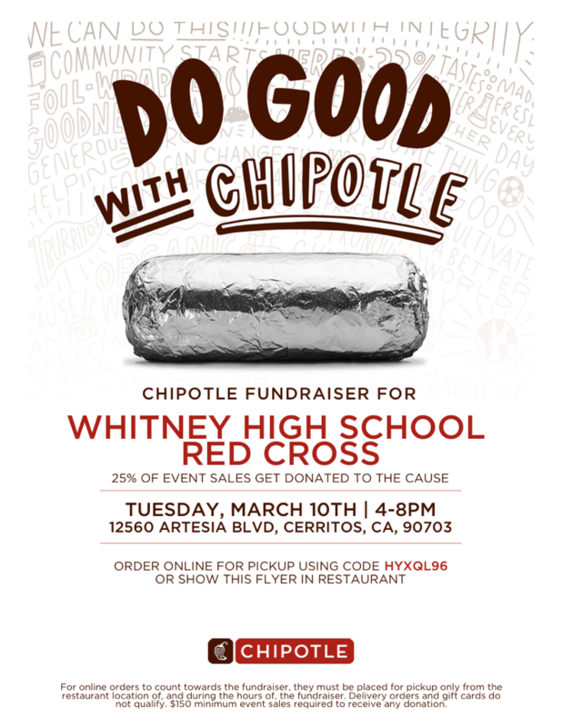 WHS Red Cross Club fundraiser at Chipotle on March 10 from 4 - 8pm