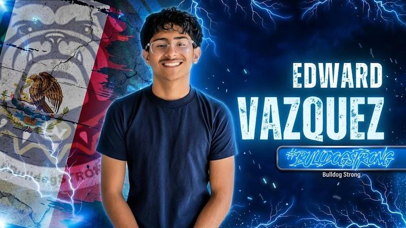 Smiling young man poses against a blue abstract background with text and graphics.