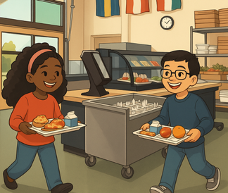Two diverse students holding lunch trays with food in the GVA-A cafeteria