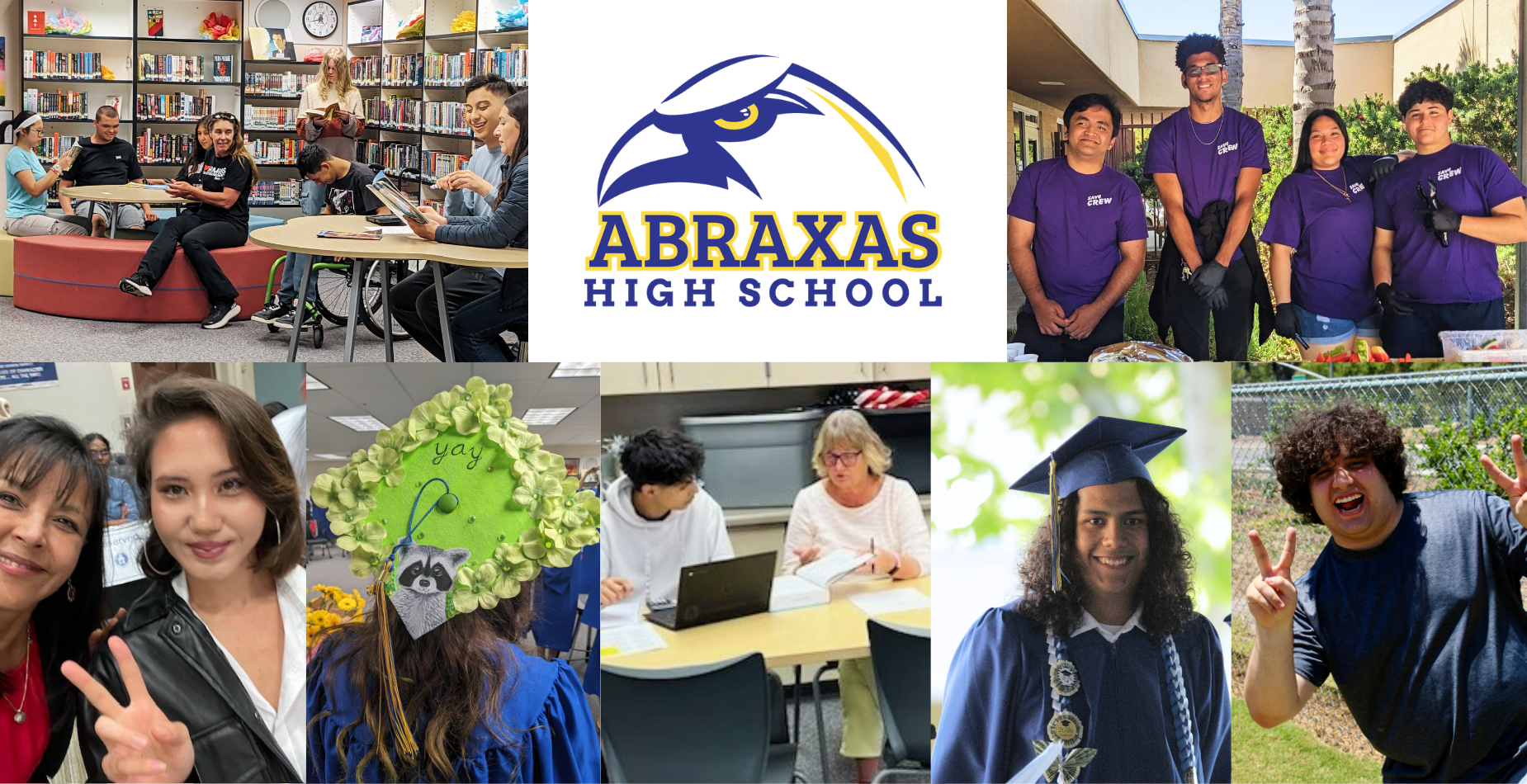 Pictures of Adult transition students reading in library, students making peace sign, a student studying with a teacher, the back of a graduating student's mortarboard, four SAVE Promise club student members standing together, and a smiling June graduate .