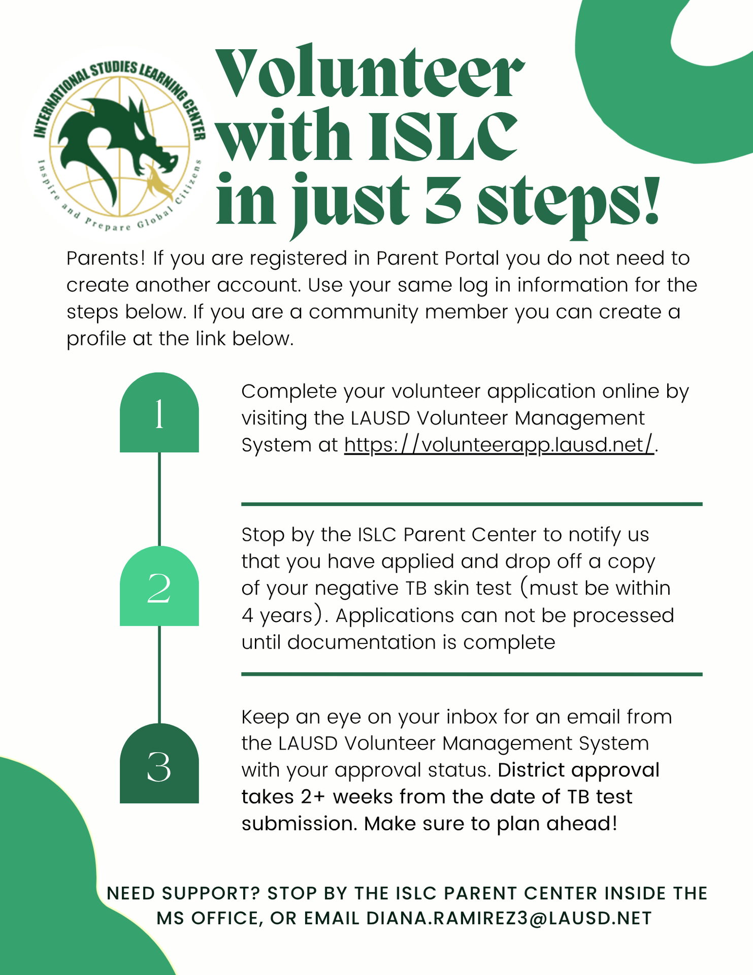Volunteer with ISLC in 3 steps flyer 