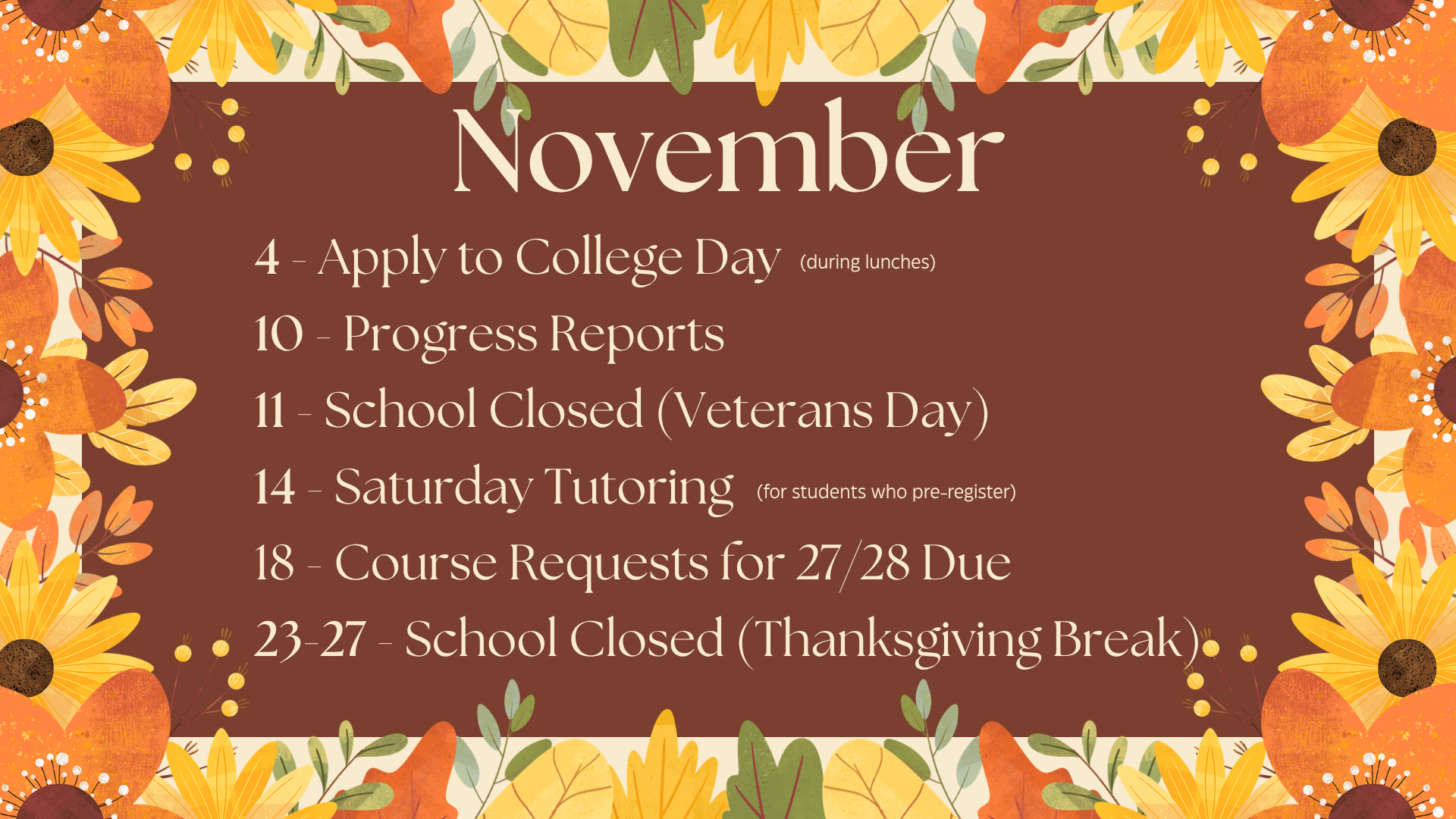 November calendar with events and dates decorated with flowers.