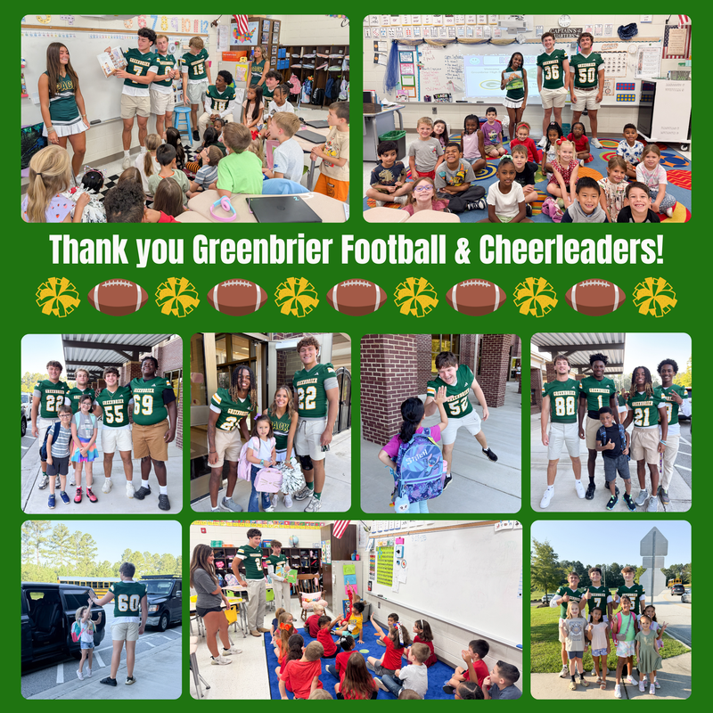 Students engage with Greenbrier Football players and cheerleaders in a classroom setting.