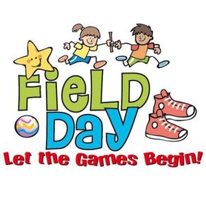 Colorful illustration for Field Day with kids playing and text 'Let the Games Begin!'