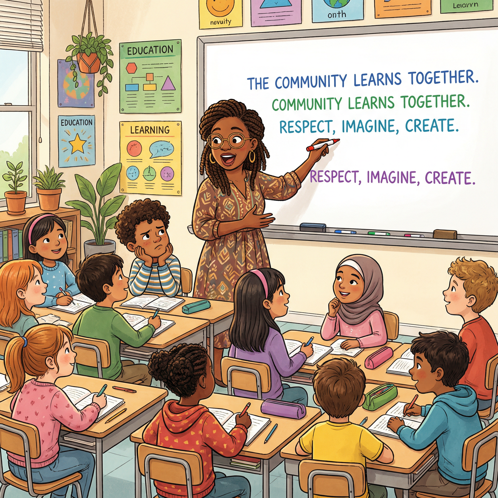 Teacher at board with students watching.