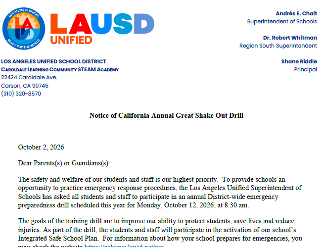 Notice of California Annual Great Shake Out Drill Featured Photo