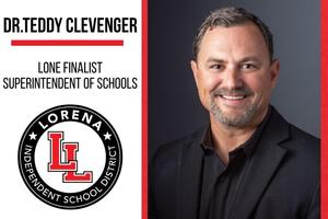 Man in a black suit smiling next to text about a superintendent finalist.