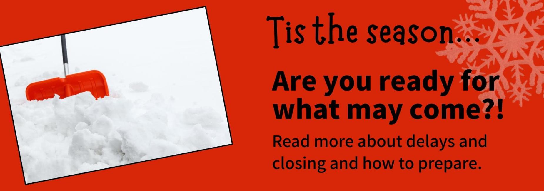 Snow and a shovel on a bright background with text about winter preparations.
