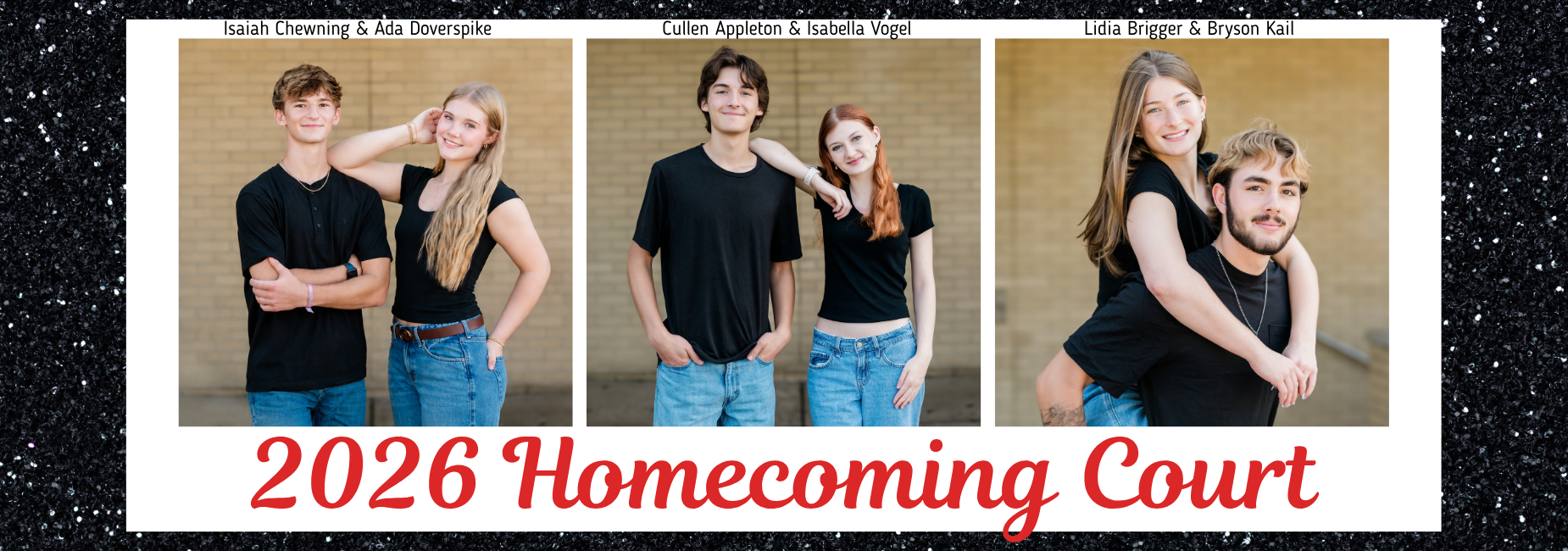 Three pairs of students pose for 2026 Homecoming Court photos.