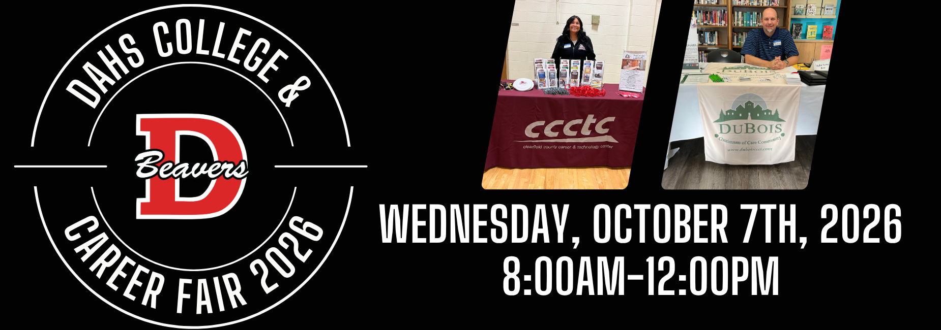 Event flyer for DAHS College & Career Fair with date and participants. October 7th, 2026 8AM to 12PM