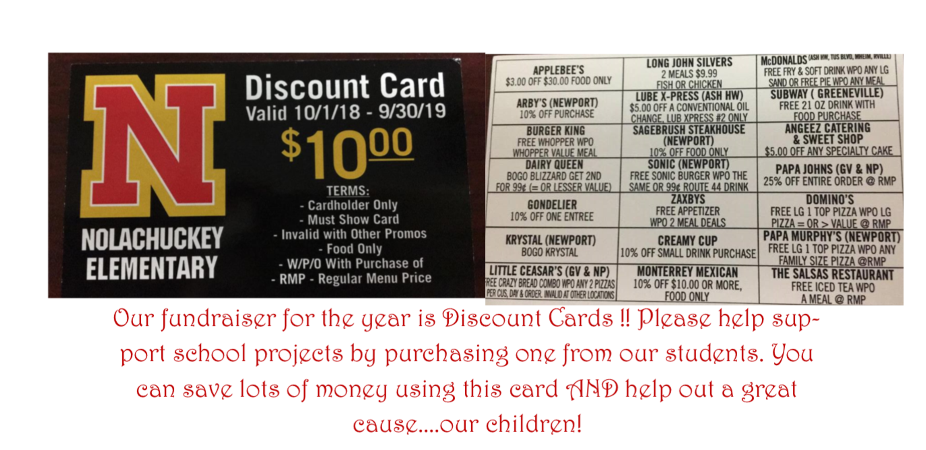 Photo of the front and back of the Nolachuckey School Discount Card