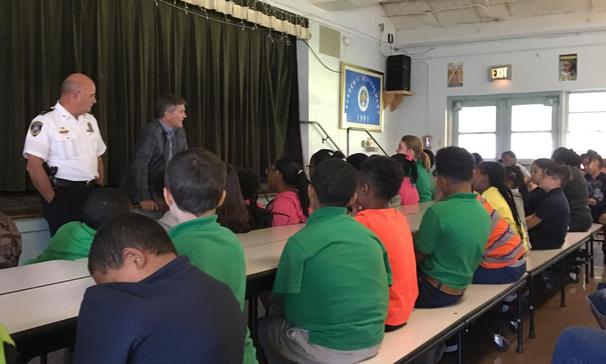 Judge Hoychick and Chief Randy Fontenot giving words of encouragement to Highland's 3rd and 4th Graders.