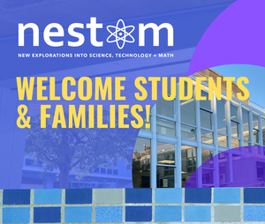 Welcome new students & families banner, showing a photo of the school against a blue and purple background.