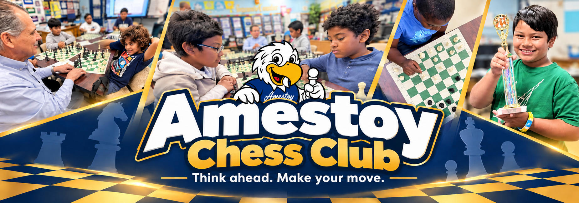 Amestoy Chess Club members play chess, with a student holding a trophy.