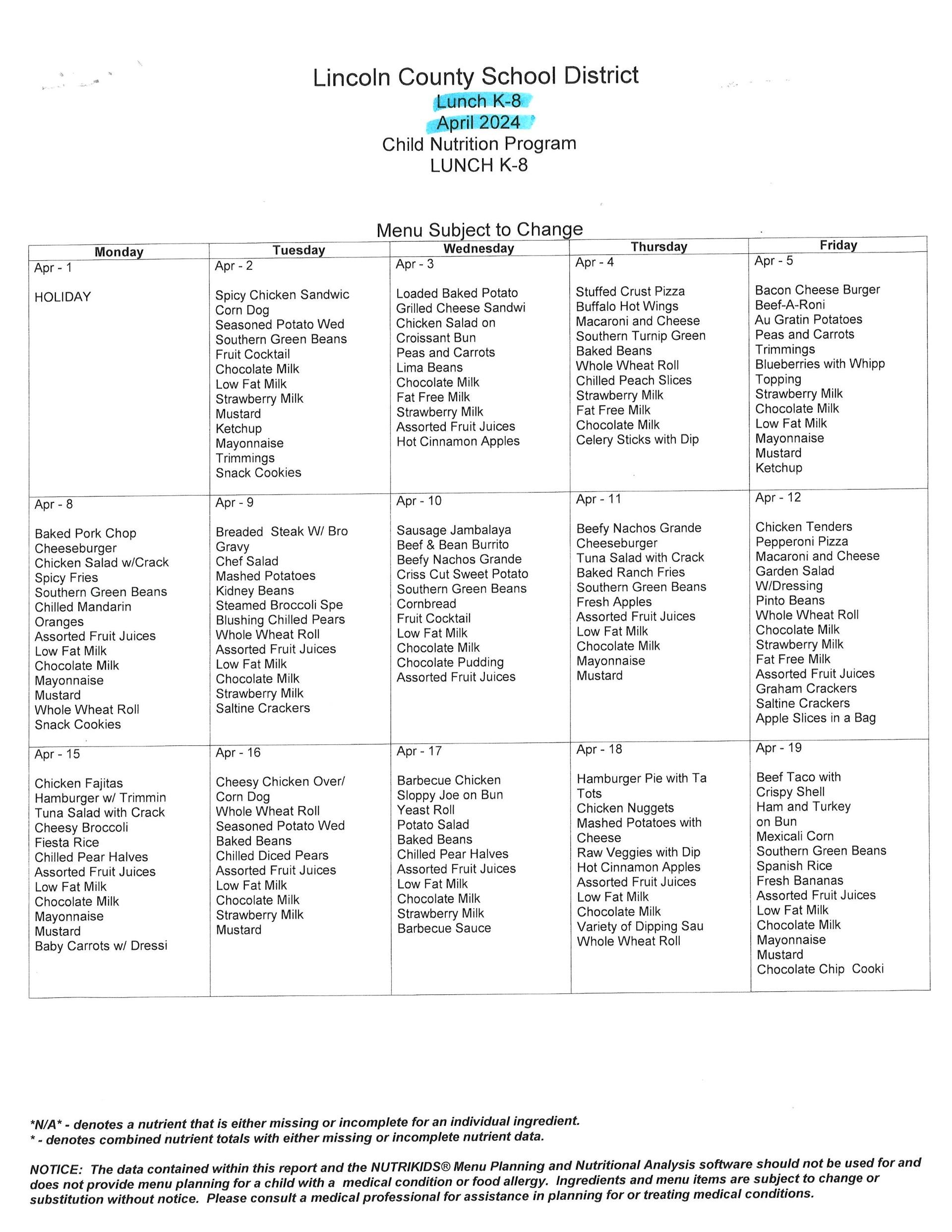 Breakfast & Lunch Menus – Child Nutrition Program – Lincoln County School  District