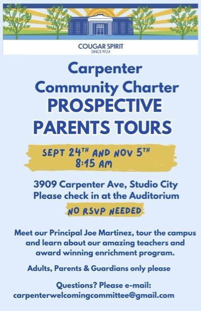 Carpenter Community Charter prospective parents tours flyer with tour dates September 24 and November 5 at 8:15 am.