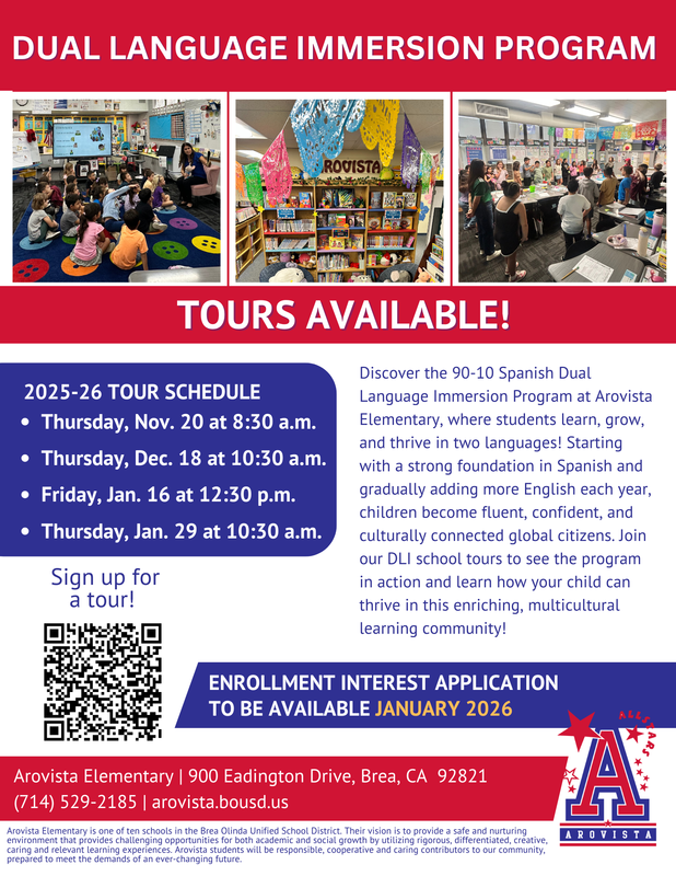 flyer of DLI Tour schedule. The flyer features images of Arovista classrooms and students