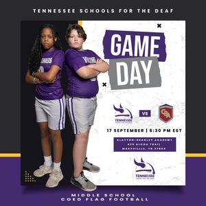 Two young athletes in purple jerseys pose for Game Day poster.