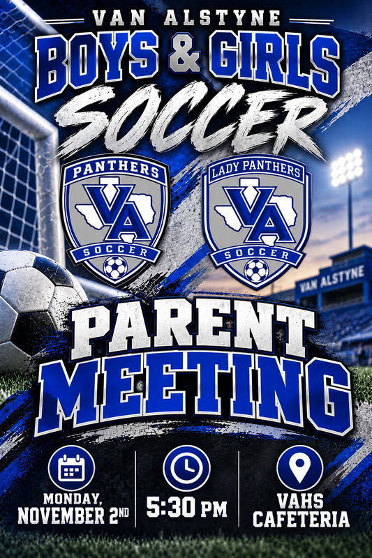 Flyer advertising Soccer Parent Meeting on November 2 at 5:30pm in the VAHS Cafeteria