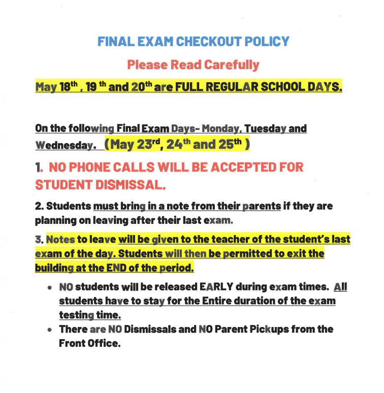 Final Exam Checkout Policy
