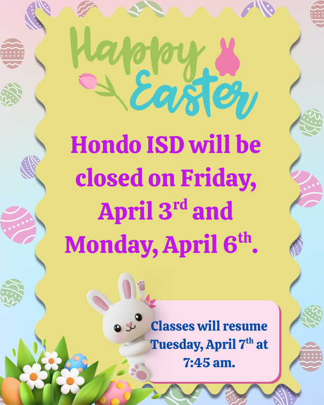 Easter break, school closed 4/3-4/6
