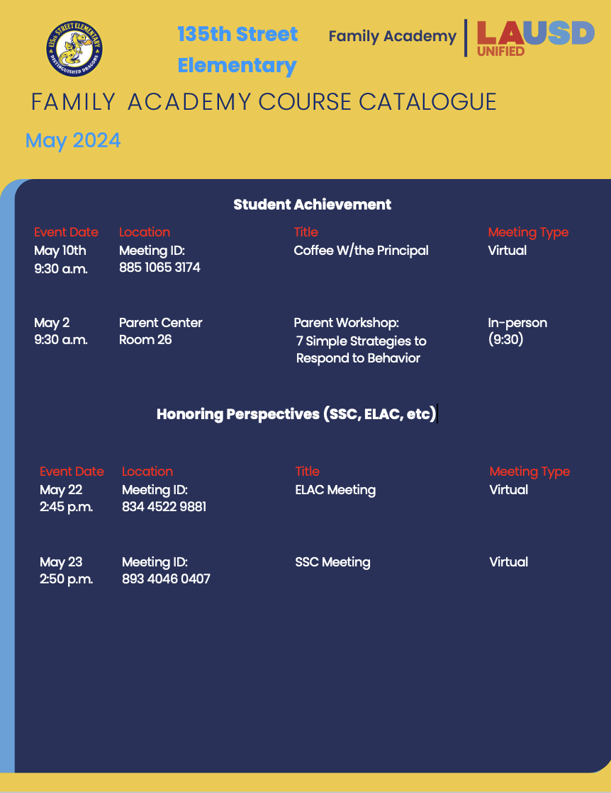Monthly family catalogue parents 135th street elementary