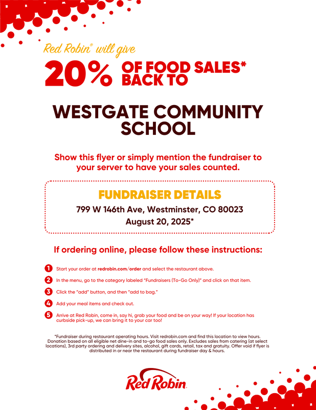 20% back to Westgate Community School Red Robin Flyer