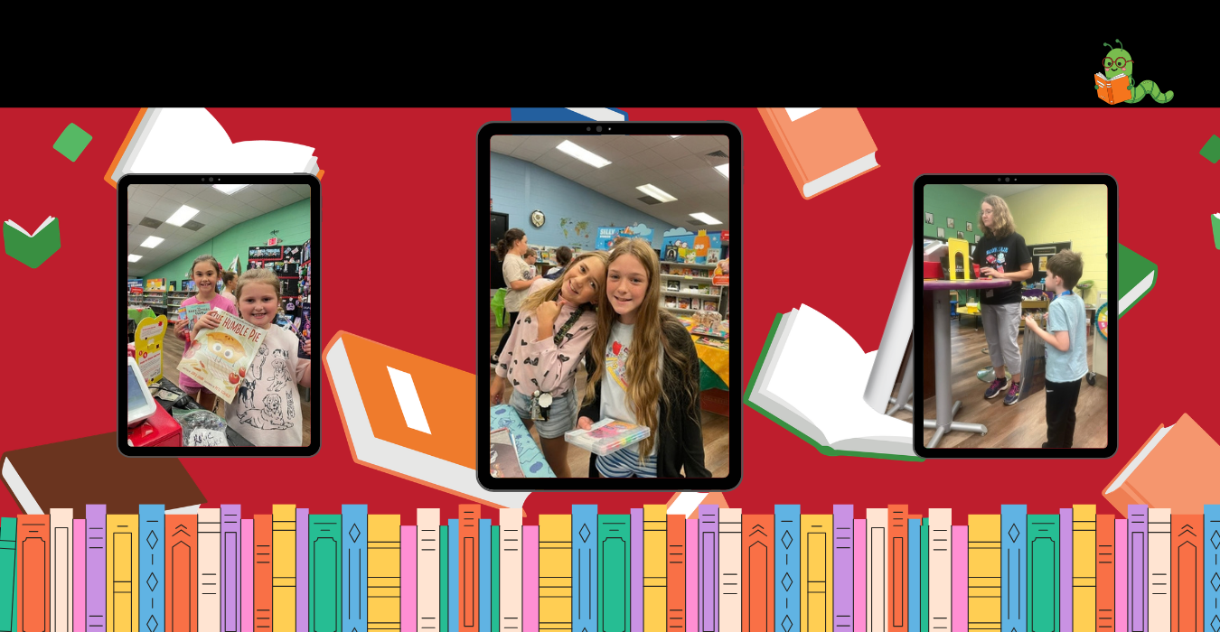 Three photos of kids enjoying a book fair with colorful surroundings.