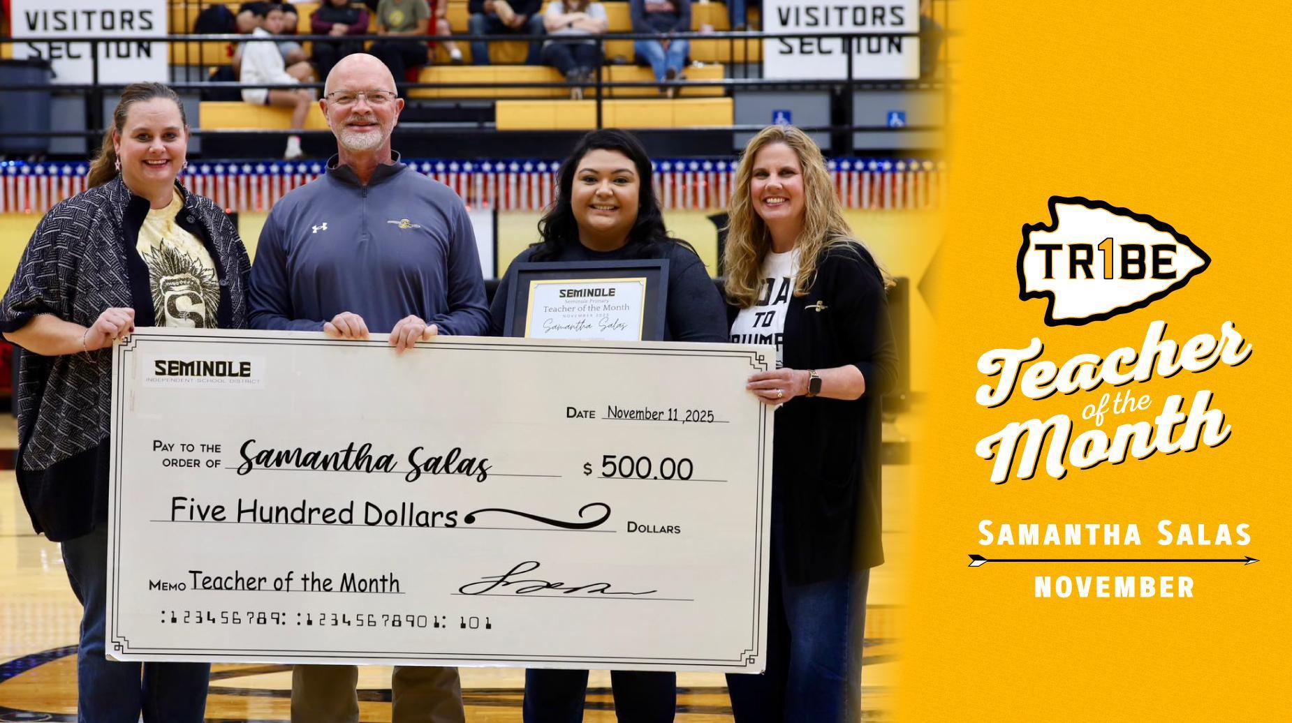 Samantha Salas has been recognized as November's Teacher of the Month
