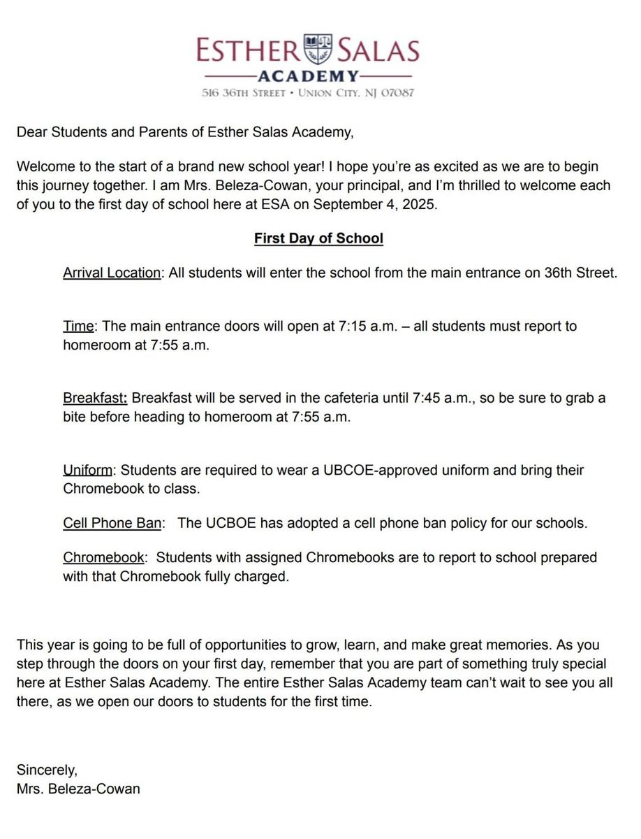 Esther Salas Academy-First Day of School Information-English Version