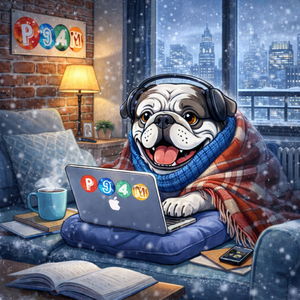 Bulldog covered in blanket in snow