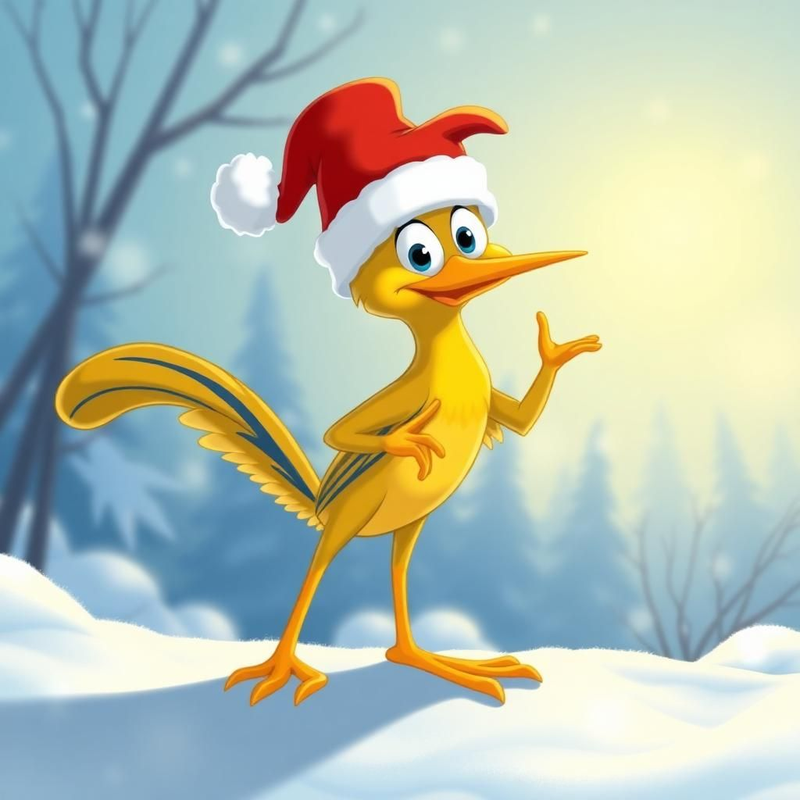 Yellow roadrunner with a Santa hat standing in the snow
