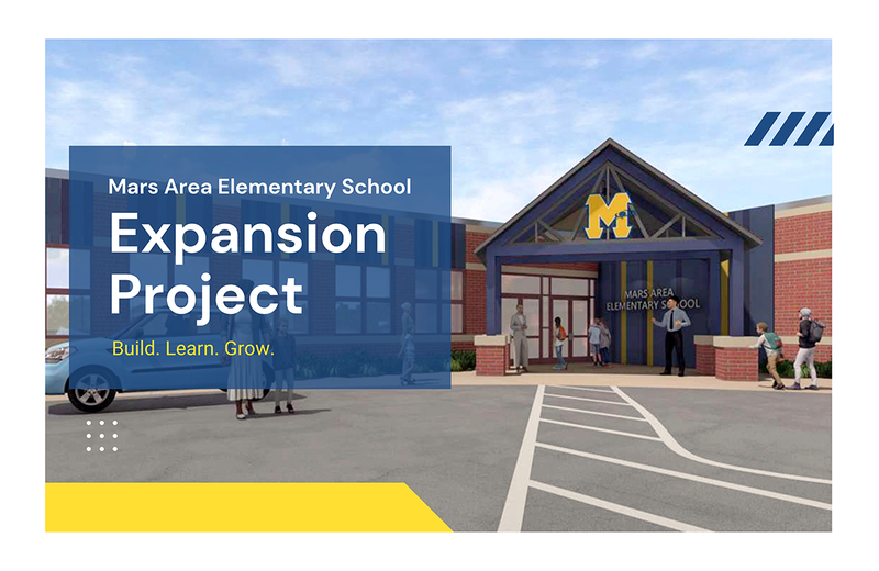 A drawing of a school with the words Mars Area Elementary Svhool Expansion project