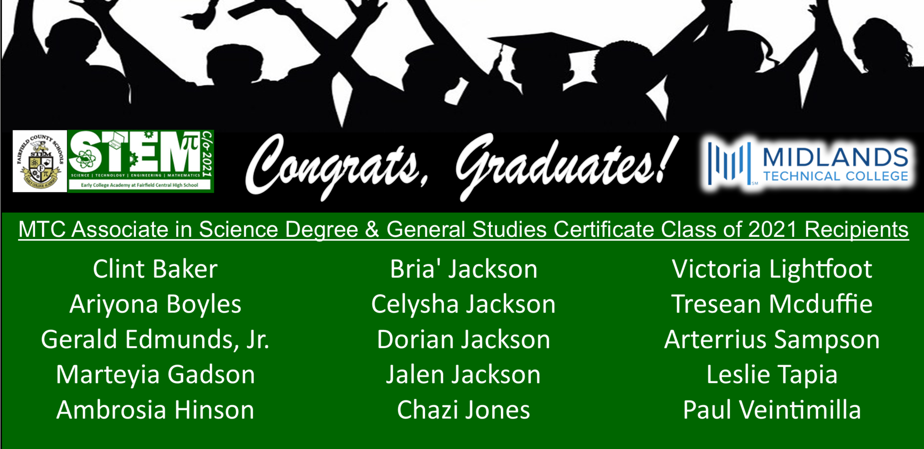 MTC Associate in Science Degree & General Studies Certificate Class of 2021 Recipients Clint Baker Ariyona Boyles Gerald Edmunds, Jr. Marteyia Gadson Ambrosia Hinson Bria' Jackson Celysha Jackson Dorian Jackson Jalen Jackson Chazi Jones Victoria Lightfoot Tresean Mcduffie Arterrius Sampson Leslie Tapia Paul Veintimilla