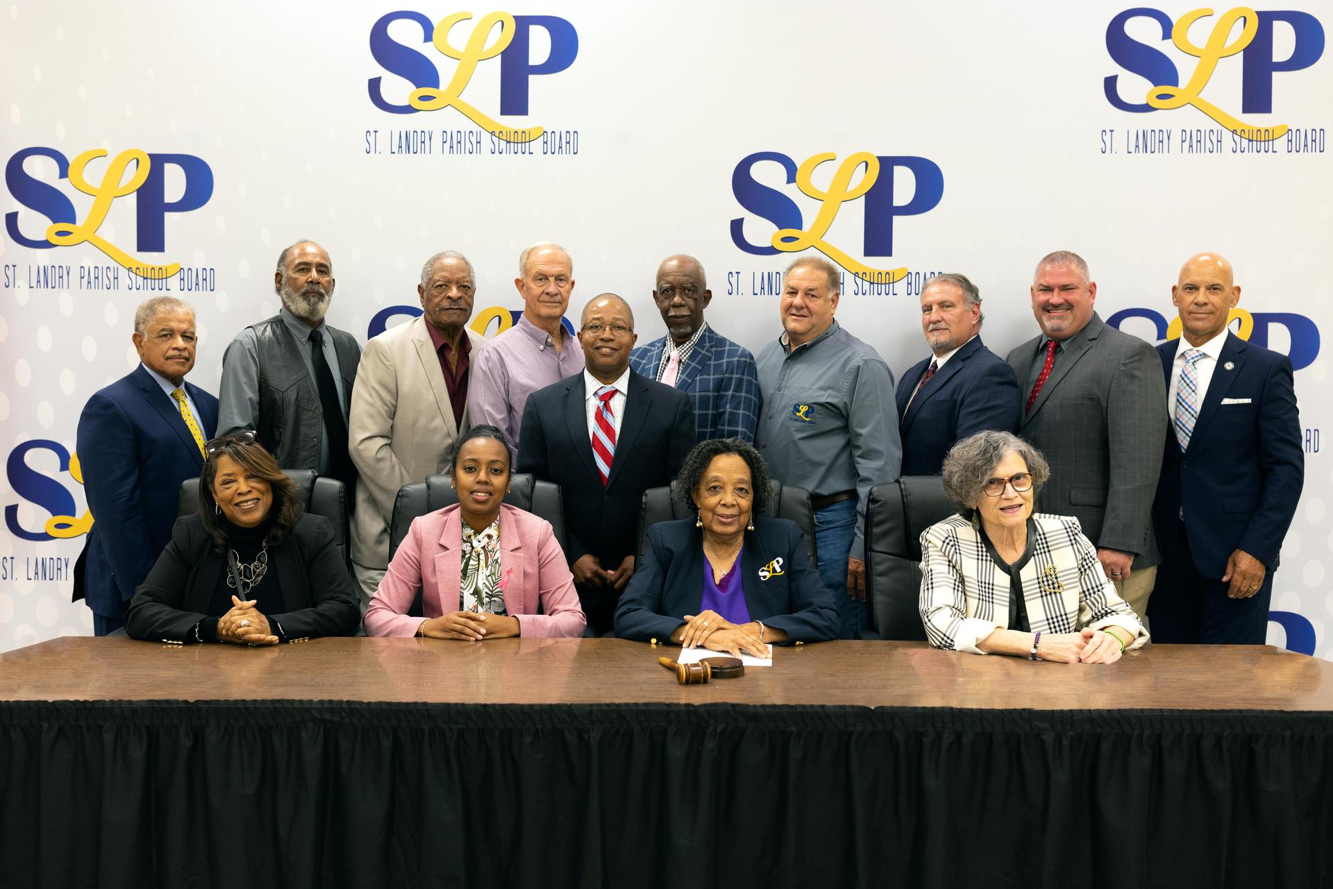 St. Landry Parish School Board Members bottom row (left to right)- Joyce Haynes; Hazel Sias; Donnie Perron (Vice President); Mary Ellen Donatto (President); Denise Rose Top Row (left to right) - Joseph Cassimere, Kyle Boss, Albert Hayes, Anthony Standberry, Myron Guillory, Randy Wagley Not Pictured: John Miller