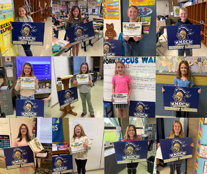 12 students - 10 girls and 2 boys holding knight leader signs