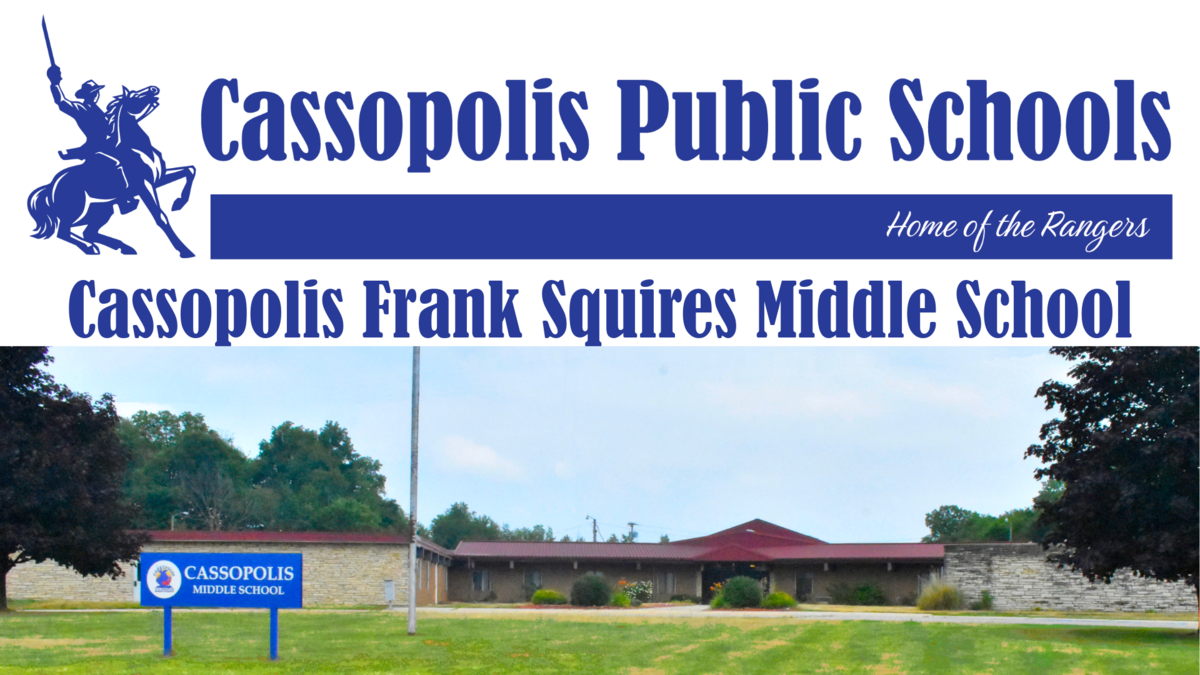 Cassopolis Logo and photo of Middle School Building