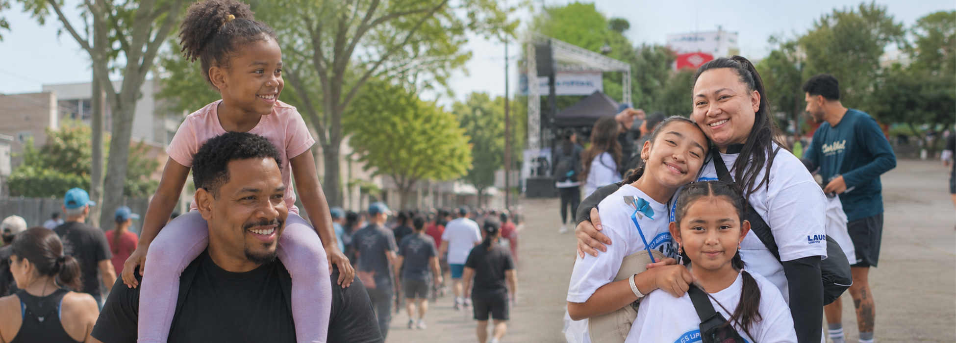 A family enjoying an outdoor event with children smiling and posing together.