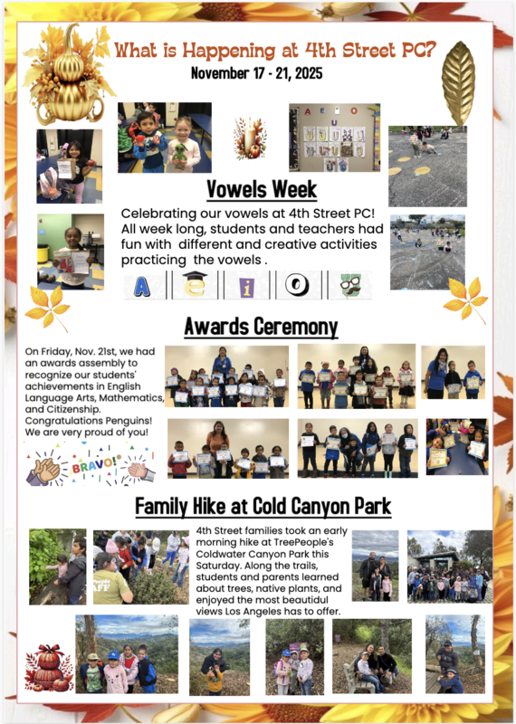 This week we are featuring pictures of our Vowels Week Celebration, 1st Grade Awards Ceremony, and the Family Hike at Cold Canyon Park.