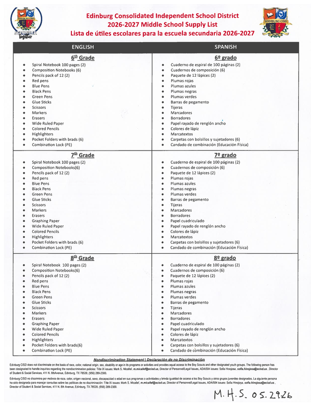 School Supply list