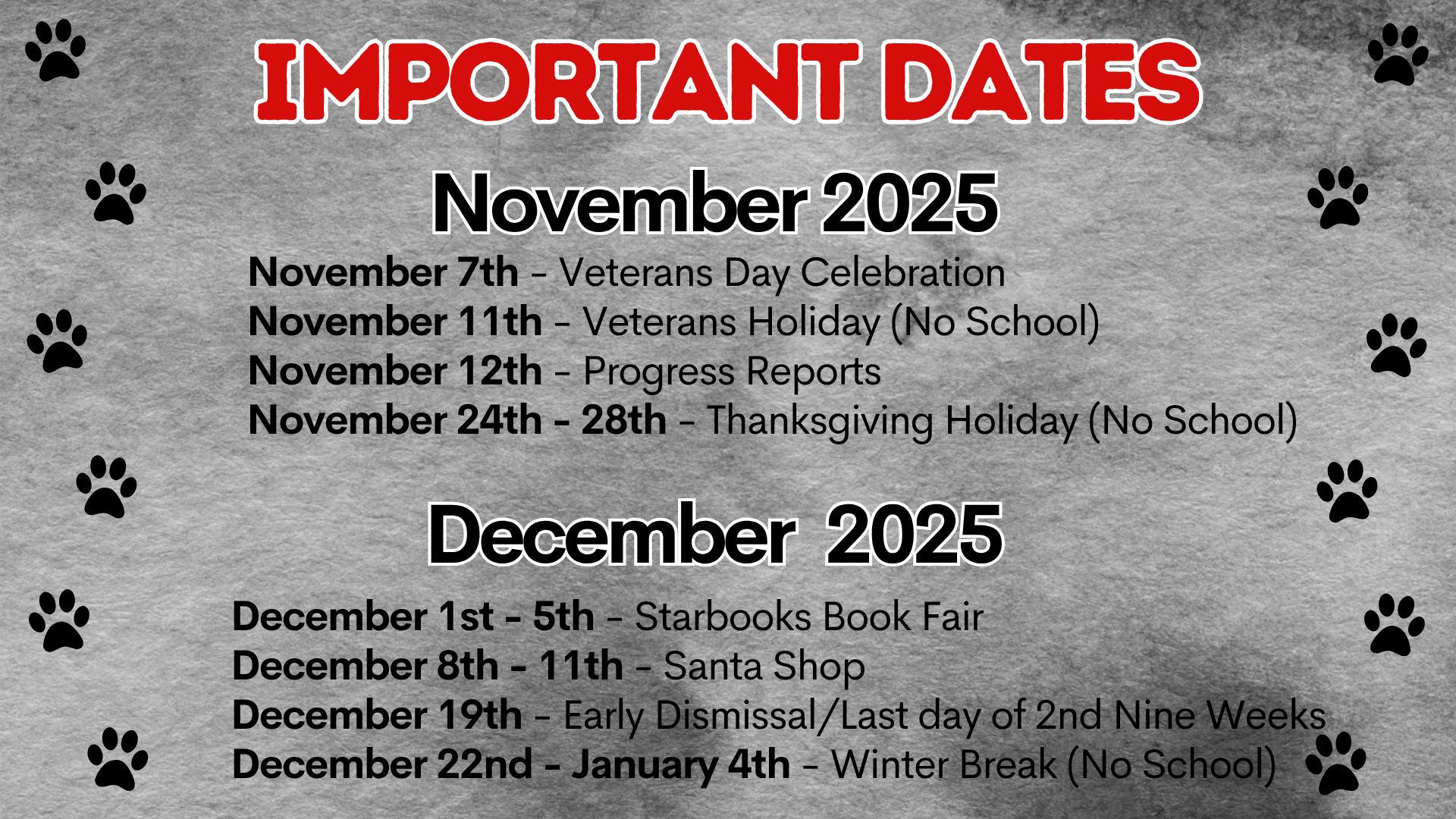 Black and gray background with a list of important dates for November and December 2025.