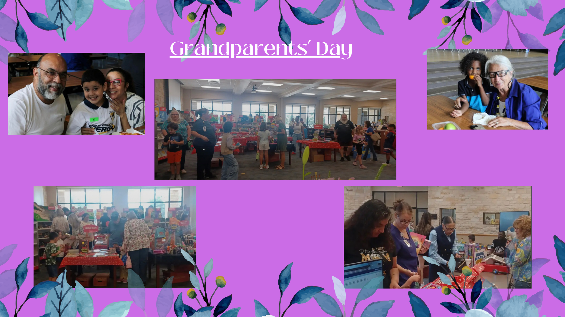 Pictures of grandparents and students enjoying lunch and attending the book fair.