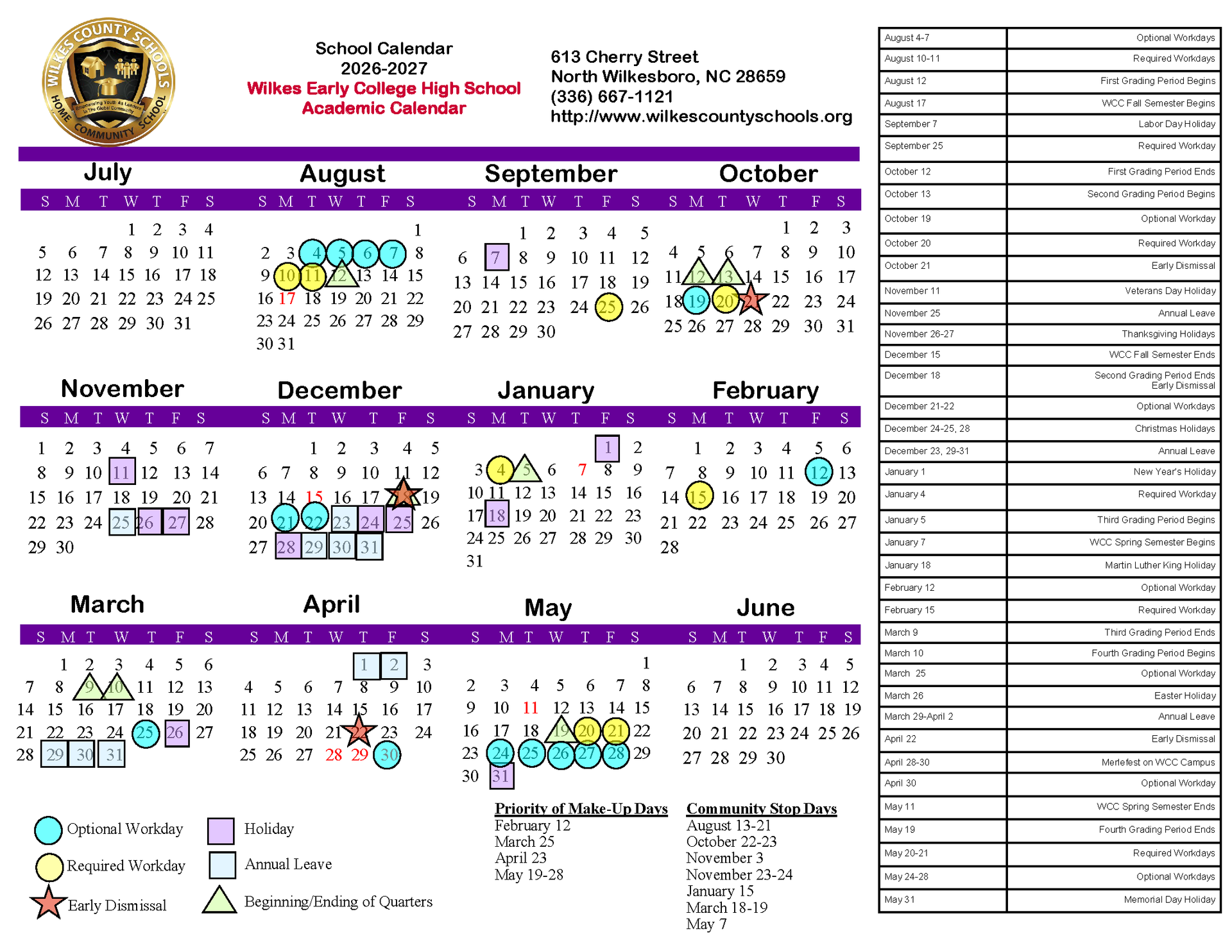2026-2027 WECHS Academic Calendar. Fully accessible text version is provided below.