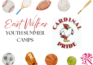 Various sports icons surround text about East Wilkes Youth Summer Camps.