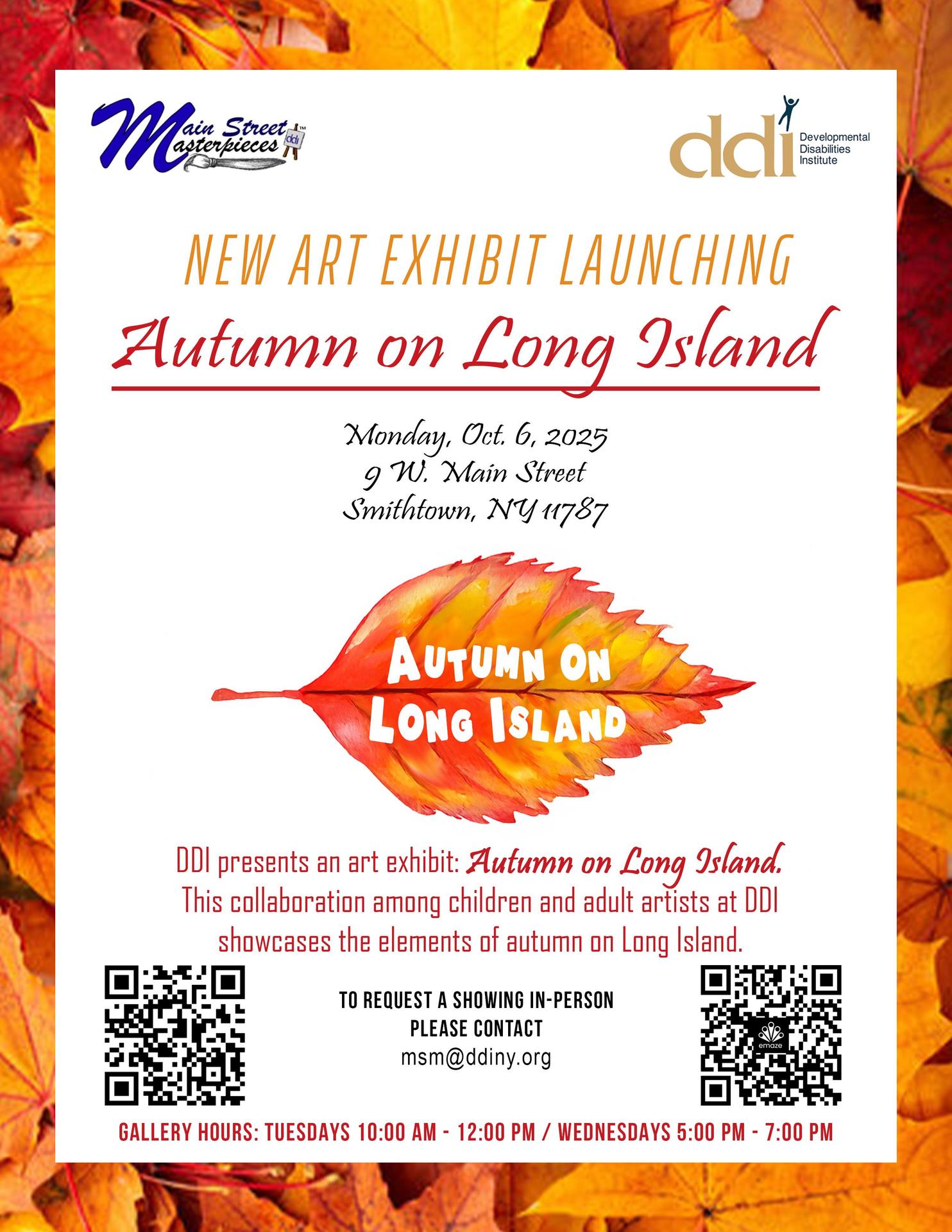 Autumn on Long Island written on leaf; Art exhibit flyer; 9 West Main St., Smithtown, NY