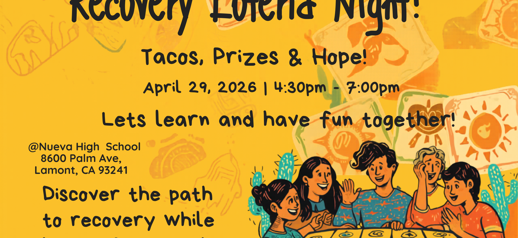 Colorful flyer promoting a recovery event with illustrated people and text details.