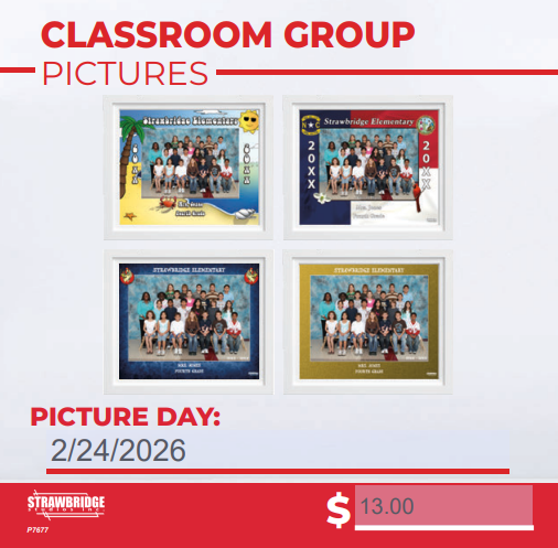 Four classroom group photos featuring students posing together, with a date and price listed.