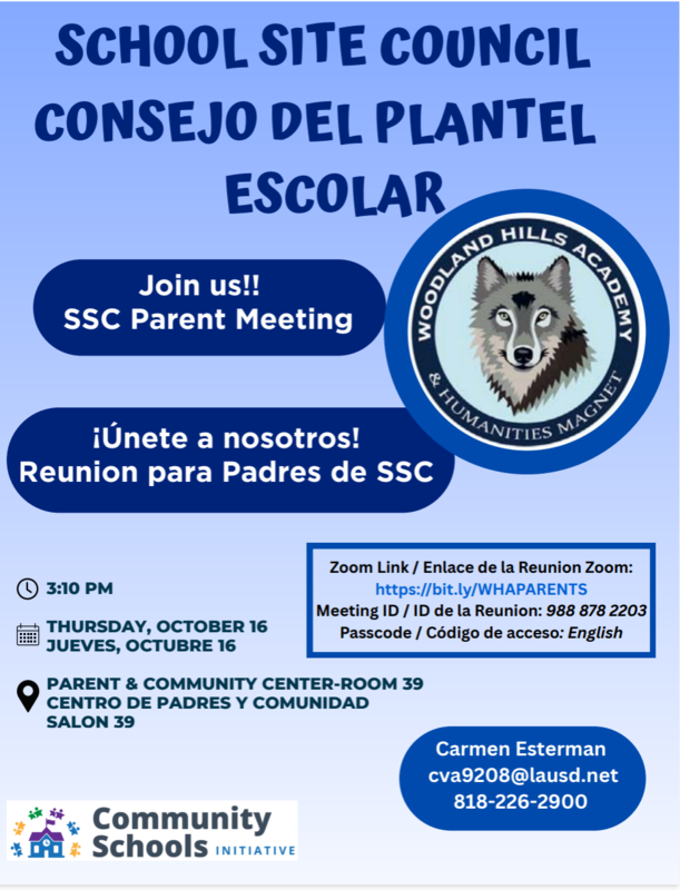 School Site Council - 3:10 PM - Thursday, October 16 - Parent Center