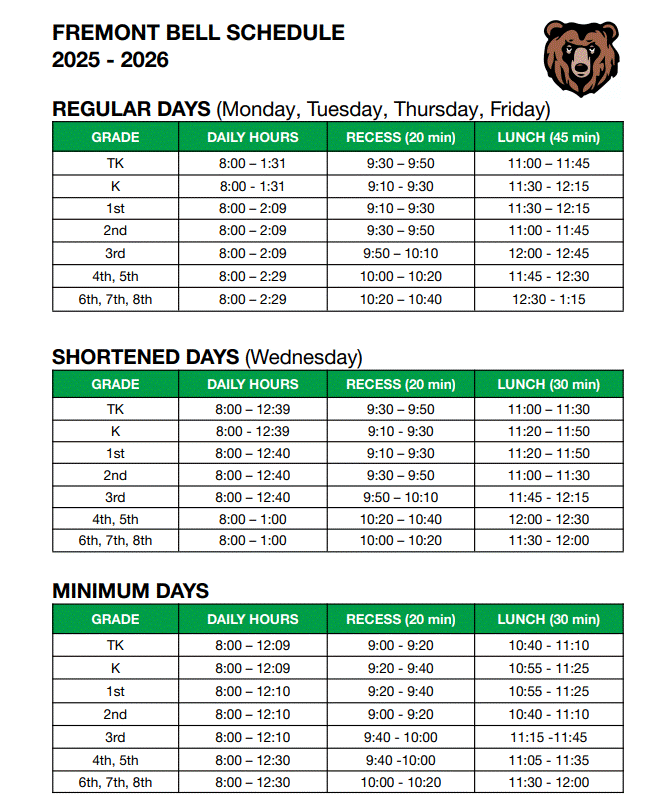 2025-2026 Fremont Bell Schedule