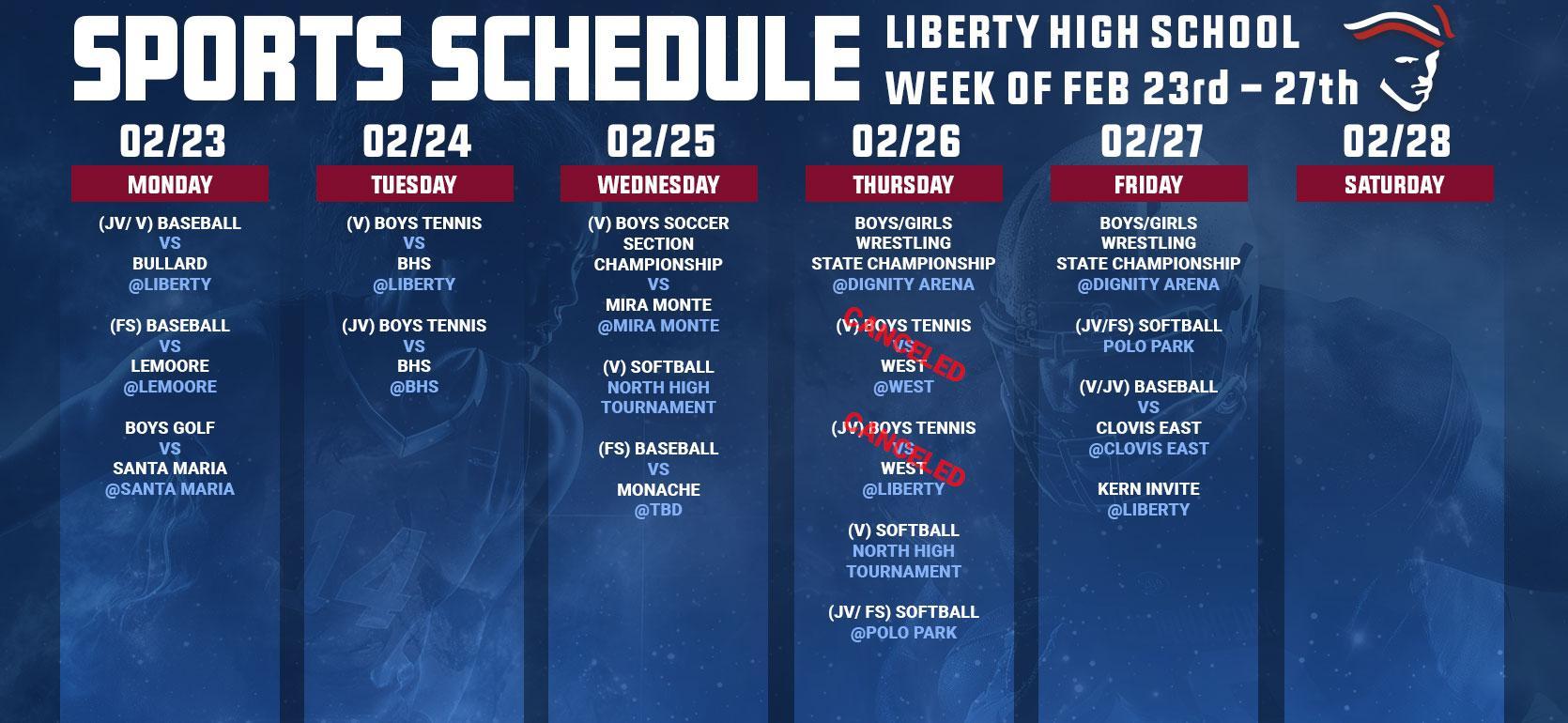 Sports schedule for Liberty High School for the week of February 23rd to 27th.